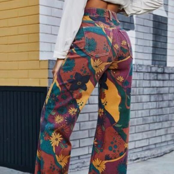 BOUTIQUE HIPPEE HARVEST RETRO FLORAL PRINT HIGH WAIST WIDE LEG JEAN - Picture 2 of 4
